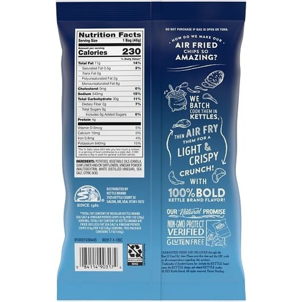 Kettle Foods Air Fried Sea Salt and Vinegar Potato Chips, 1.7 Ounce -- 6 per case