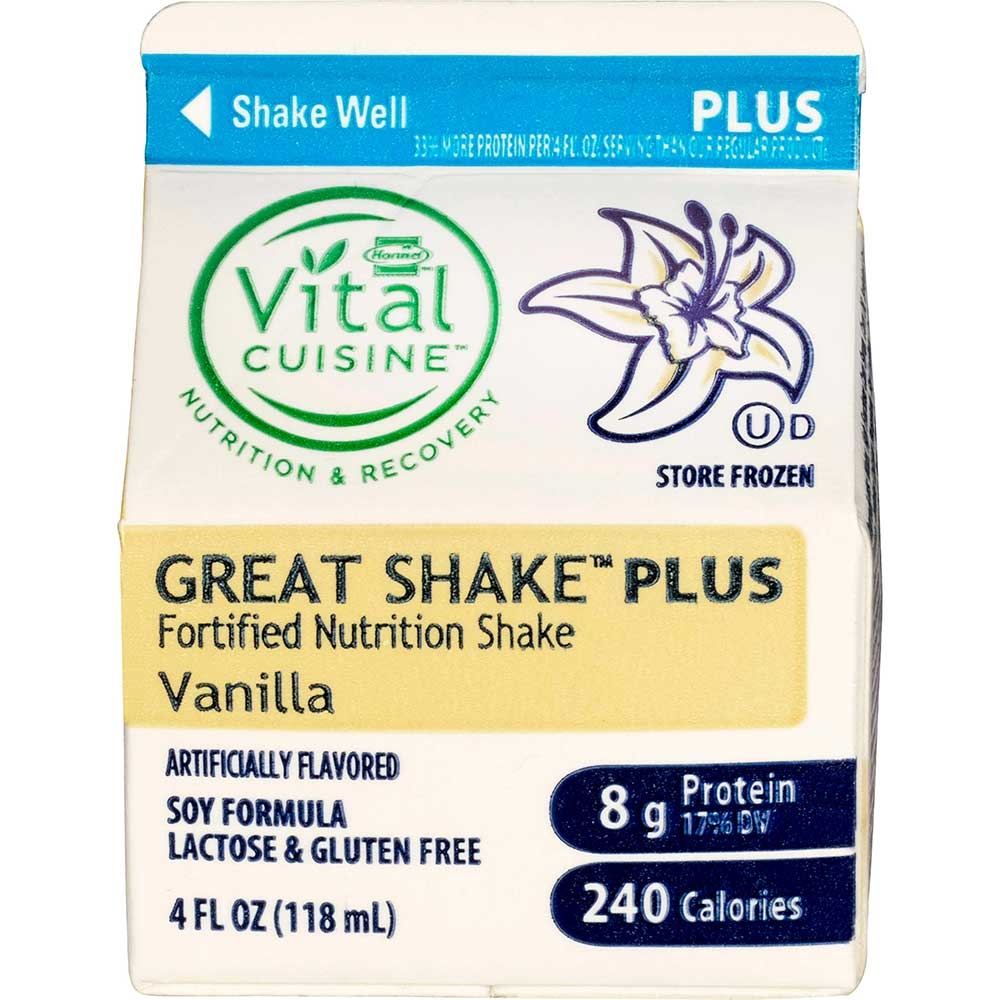Hormel Healthlabs Great Shake Plus Junior Vanilla Soy Beverage, 4 Ounce -- 50 per case.