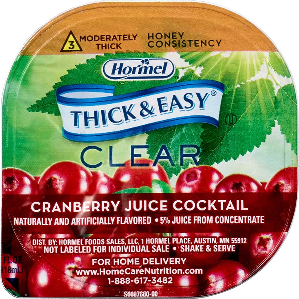 Hormel Health Labs Thick and Easy Thickened Cranberry Juice Cocktail, Honey Consistency Portion Control Cups, 4 Ounce -- 24 per case