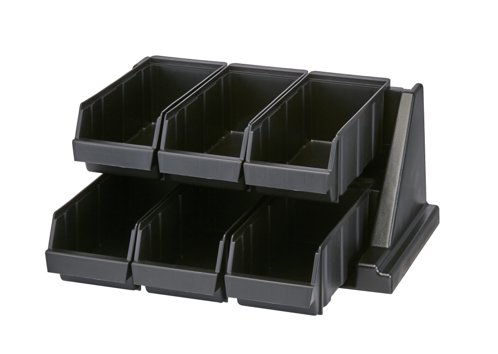 Cambro Versa Organizers Rack with 6 Bins, Black, 20 1/8 x 17 1/4 x 9 1/4 inch.