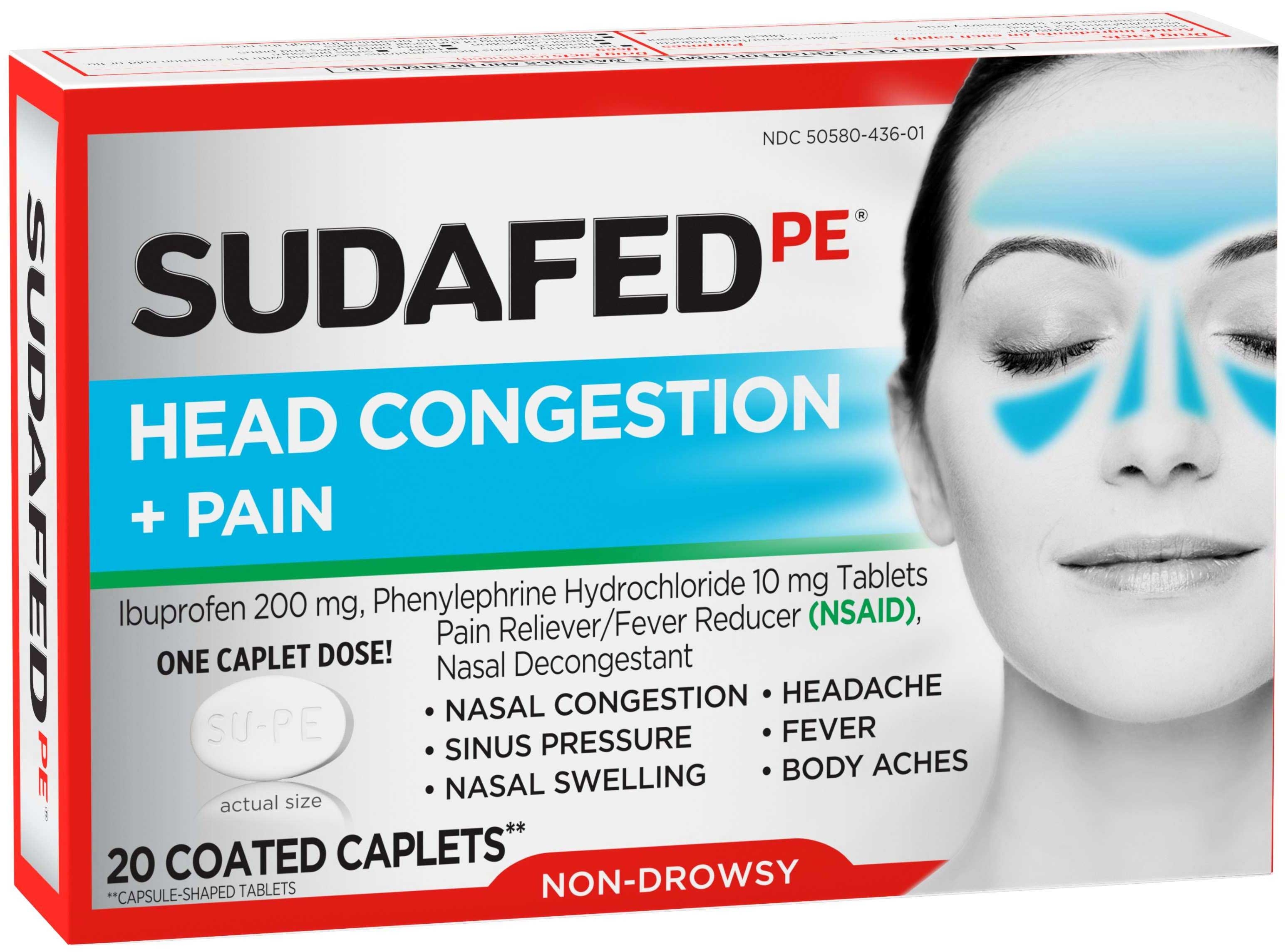 Sudafed PE Head Congestion Plus Pain Relief Tablets, 20 count per pack -- 24 per case