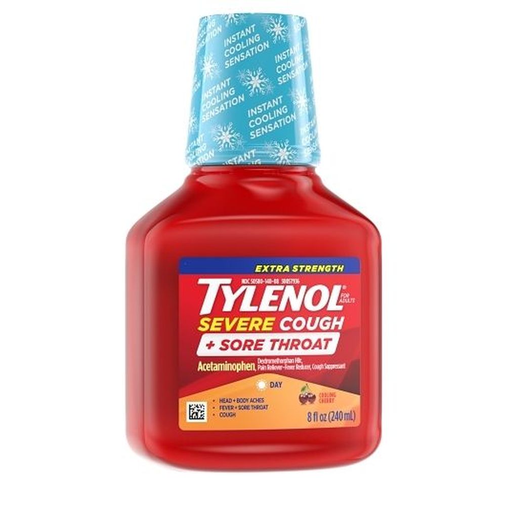 Tylenol Cherry Flavor Severe Cough and Sore Throat Liquid, 8 Fluid Ounce -- 24 per case