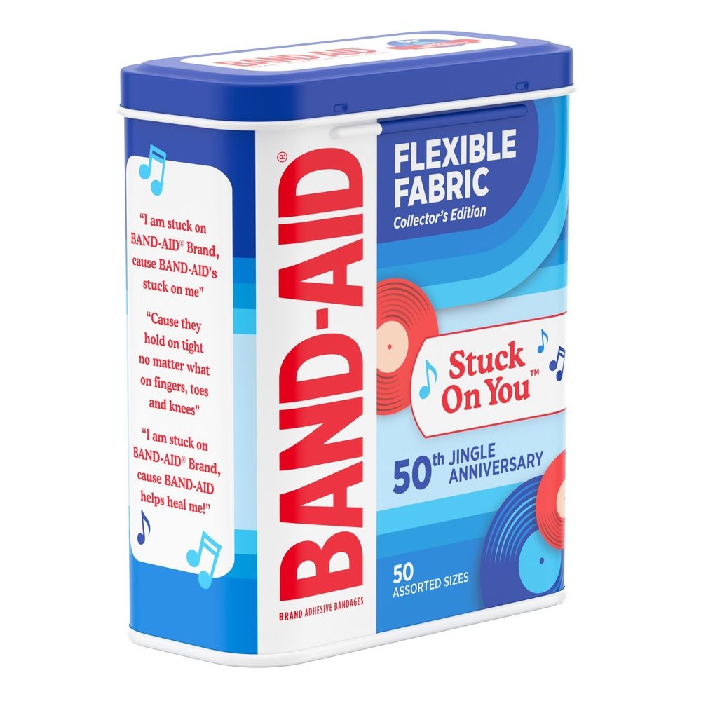 Band-Aid Assorted Size Flexible Fabric Jingle Anniversary Adhesive Bandages - Tin, 50 count -- 36 per case