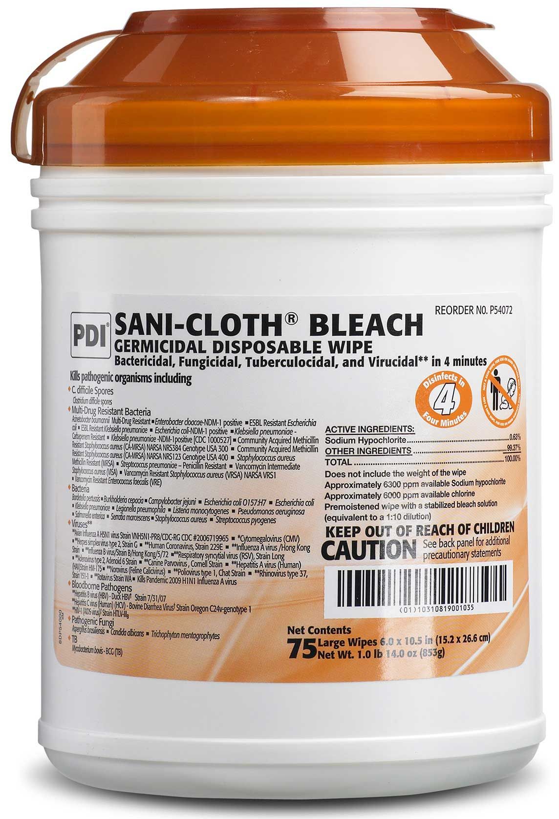Sani Professional Sani Cloth Bleach Germicidal Disposable Wipe, Large Canister, 75 Count -- 12 Per Case