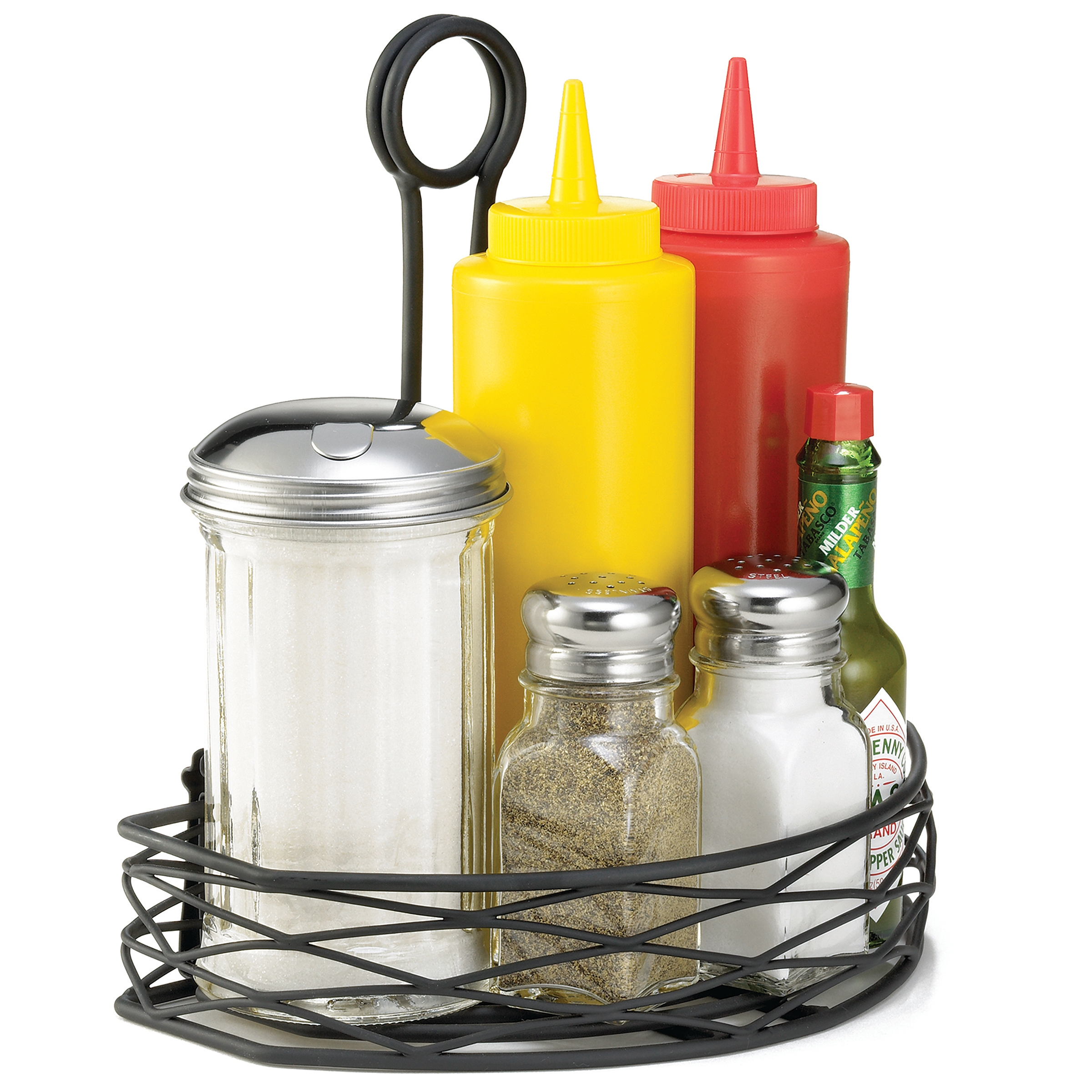 Tablecraft Artisan Collection Versa Rack Black Powder Coated Steel Half Condiment Rack with Merchandising Ring, 8 x 5.75 x 9 inch -- 2 per case