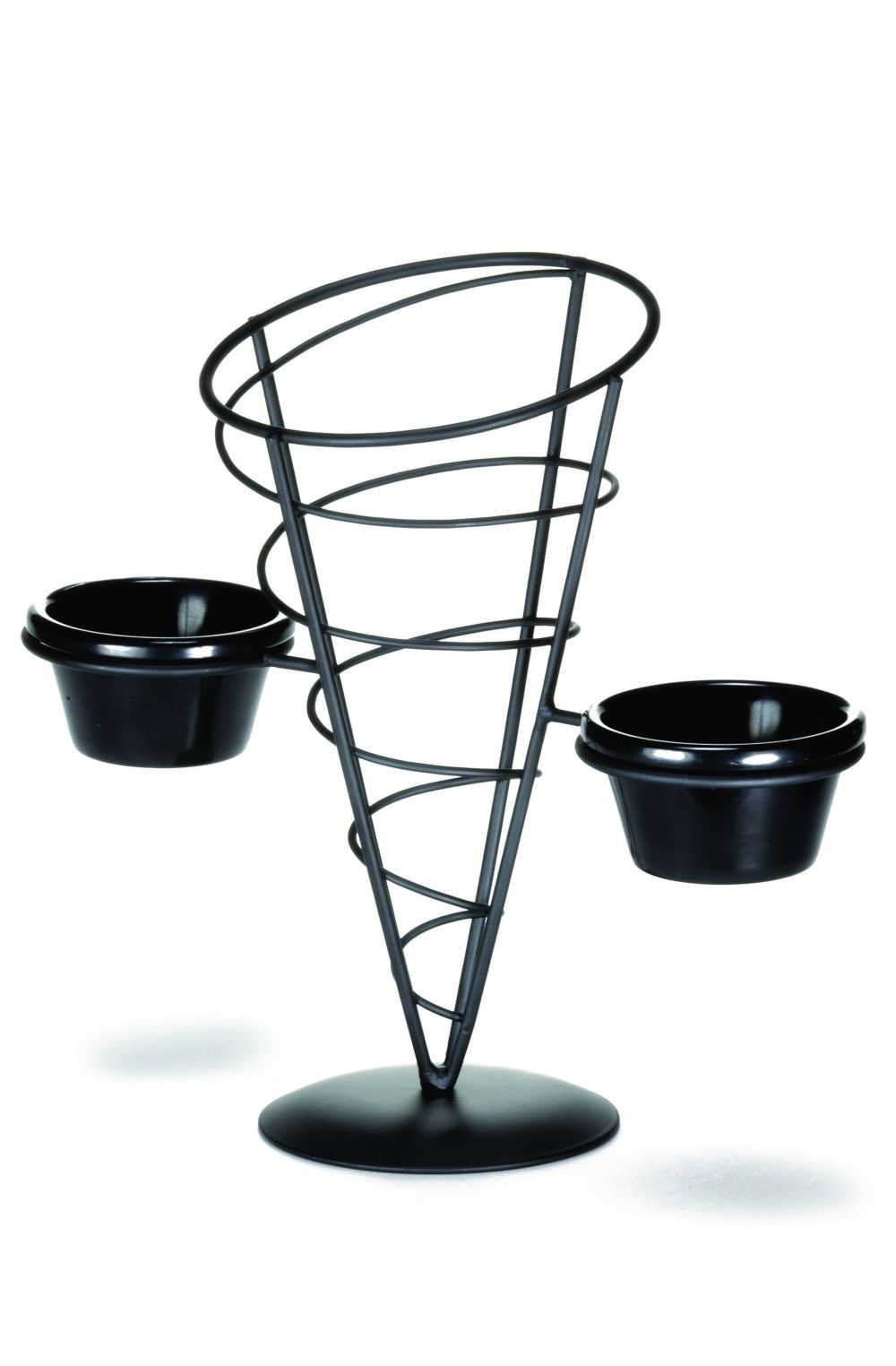 Tablecraft Vertigo Collection Black Powder Coated Steel Round Appetizer Cone With Two 3 Ounce Ramekin, 5 X 9 Inch