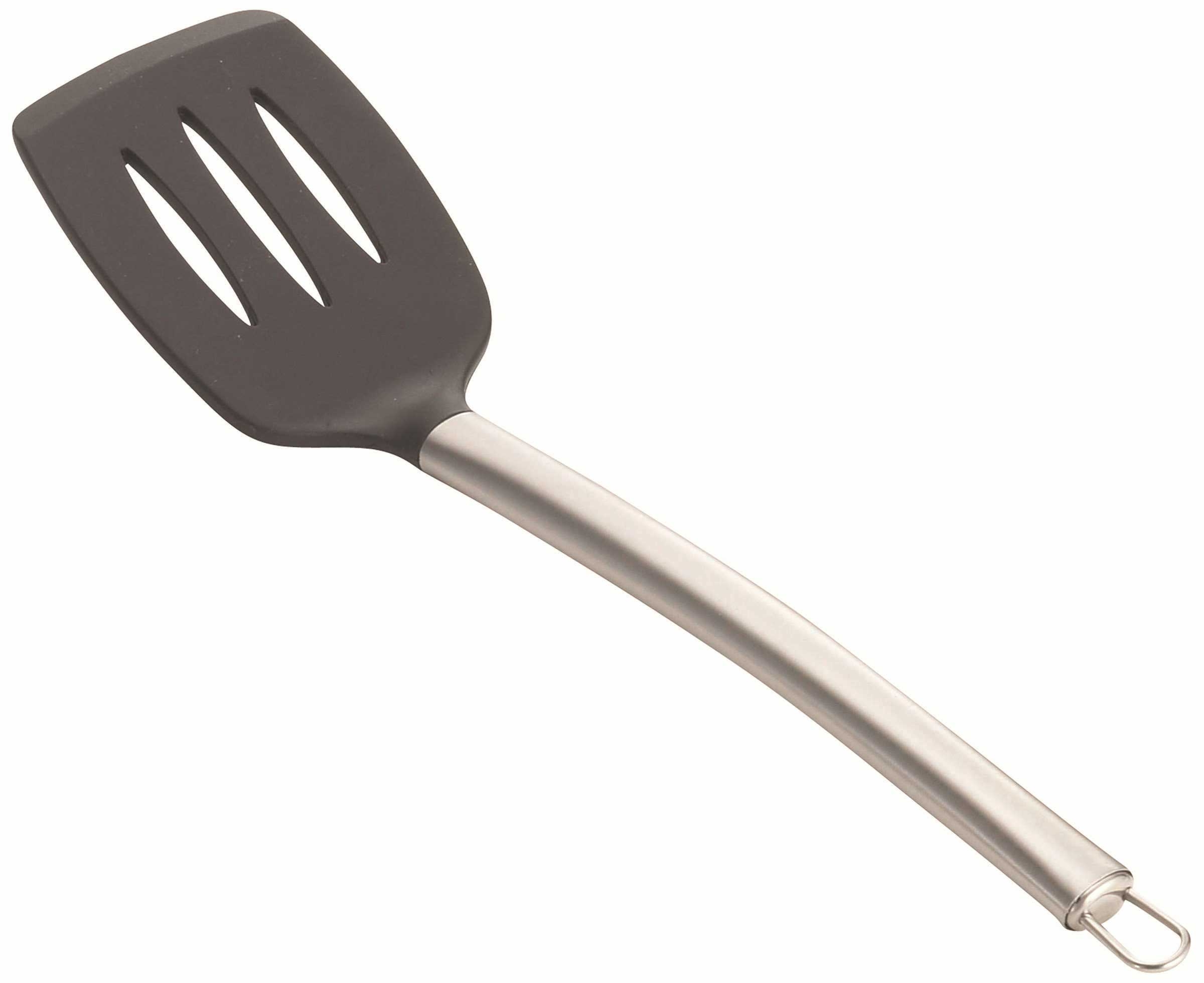 Tablecraft Black Silicone Slotted Spatula with Stainless Steel Handle, 14 inch -- 6 per case
