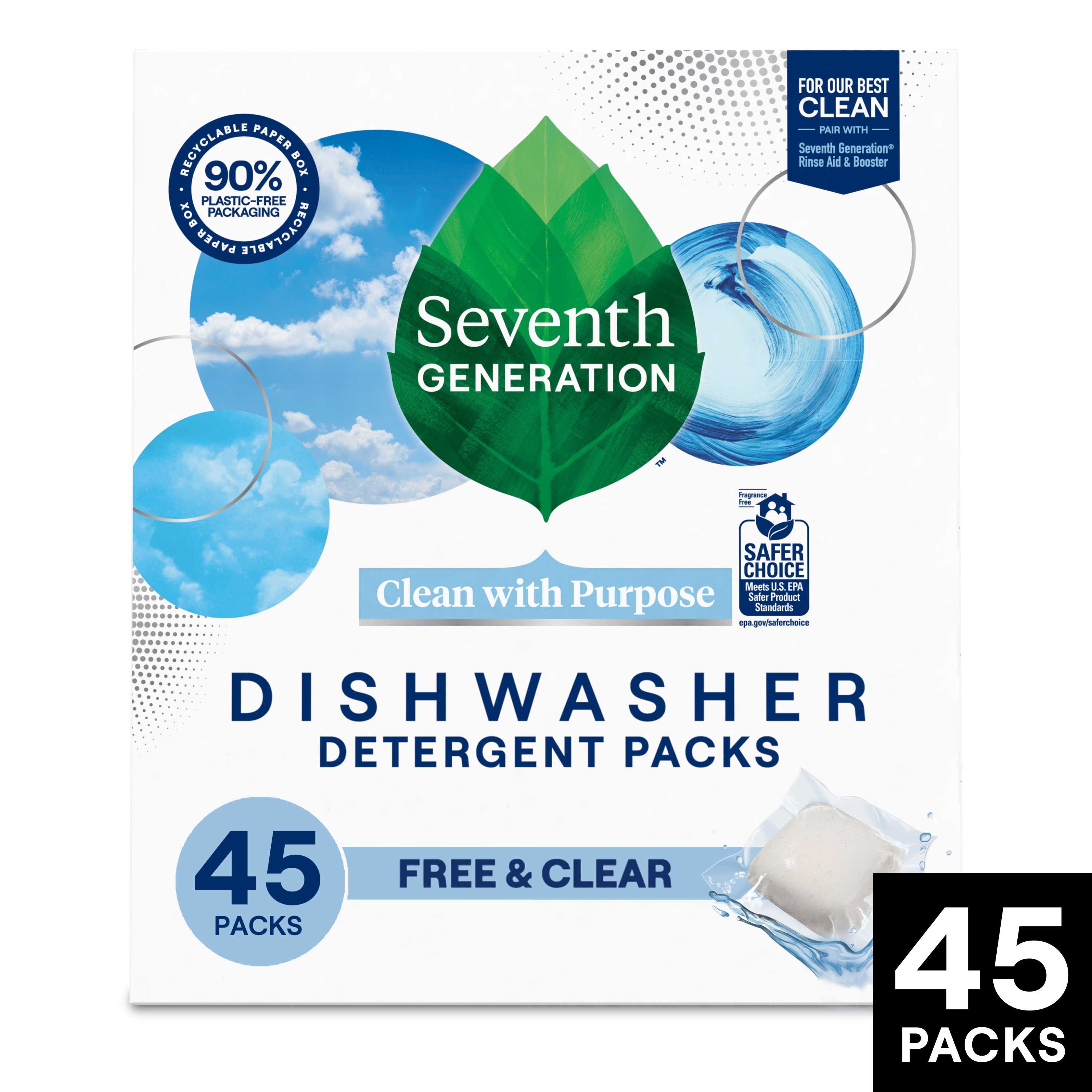 Seventh Generation Free and Clear Dishwasher Detergent Packs, 45 count -- 5 per case
