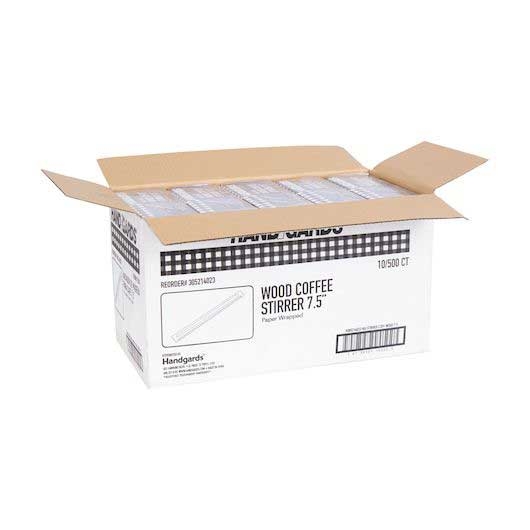 Handgards Individually Wrapped Paper 7.5 Inch Wood Coffee Stirrer, 500 Count -- 10 Per Case