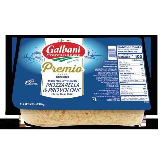 Galbani Premio Whole Milk Low Moisture Mozzarella Provolone Shredded Cheese Blend, 5 Pound -- 6 Per Case