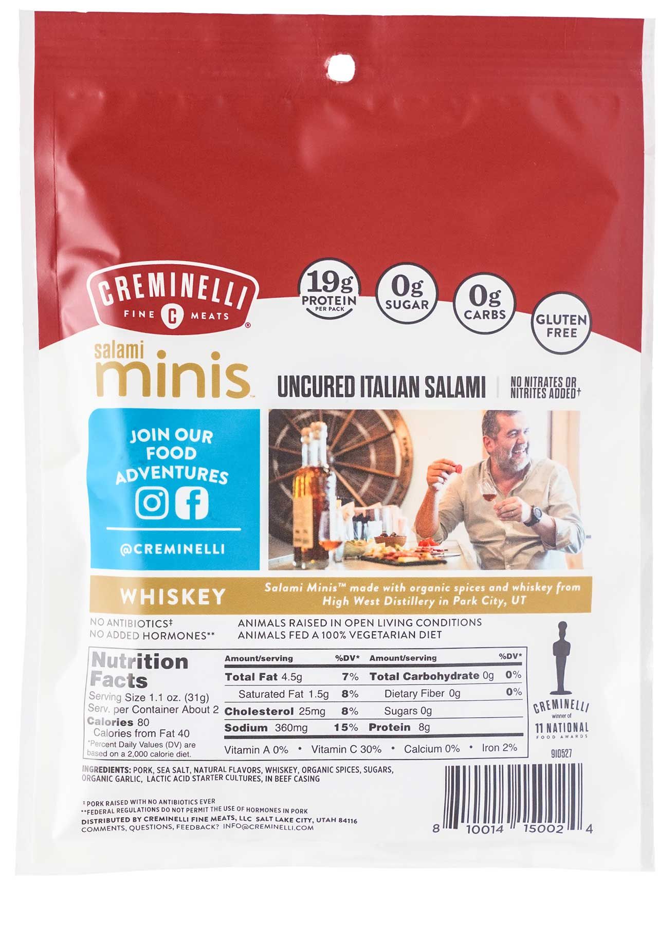 Creminelli Fine Meats Salami Minis High West Whiskey Uncured Italian Salami, 2.6 Ounce -- 12 Per Case