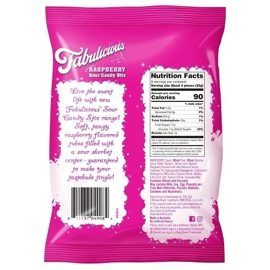 Darrell Lea Fabulicious Raspberry Sour Candy Stix, 7 Ounce -- 8 per case