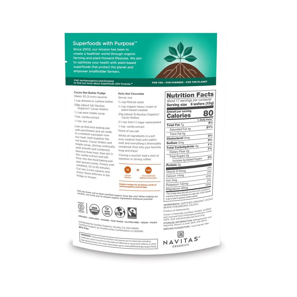 Navitas Organics Cacao Wafers, 8 Ounce -- 6 per case