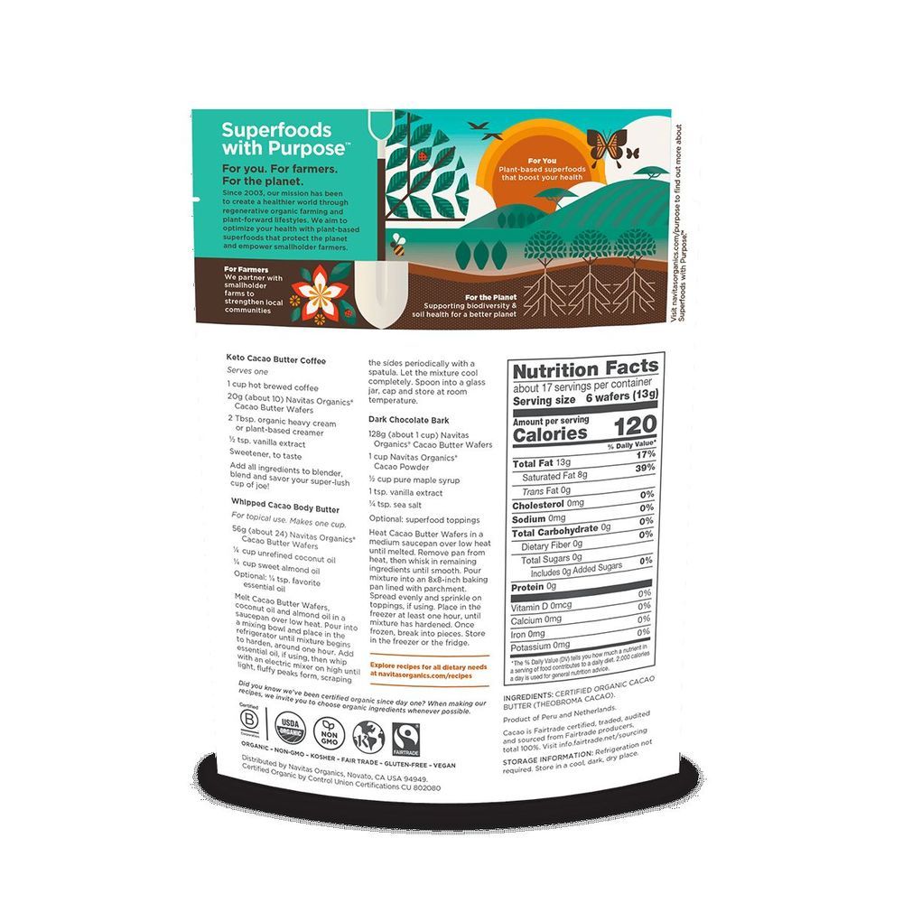 Navitas Organics Cacao Butter Wafer, 8 Ounce -- 6 Per Case