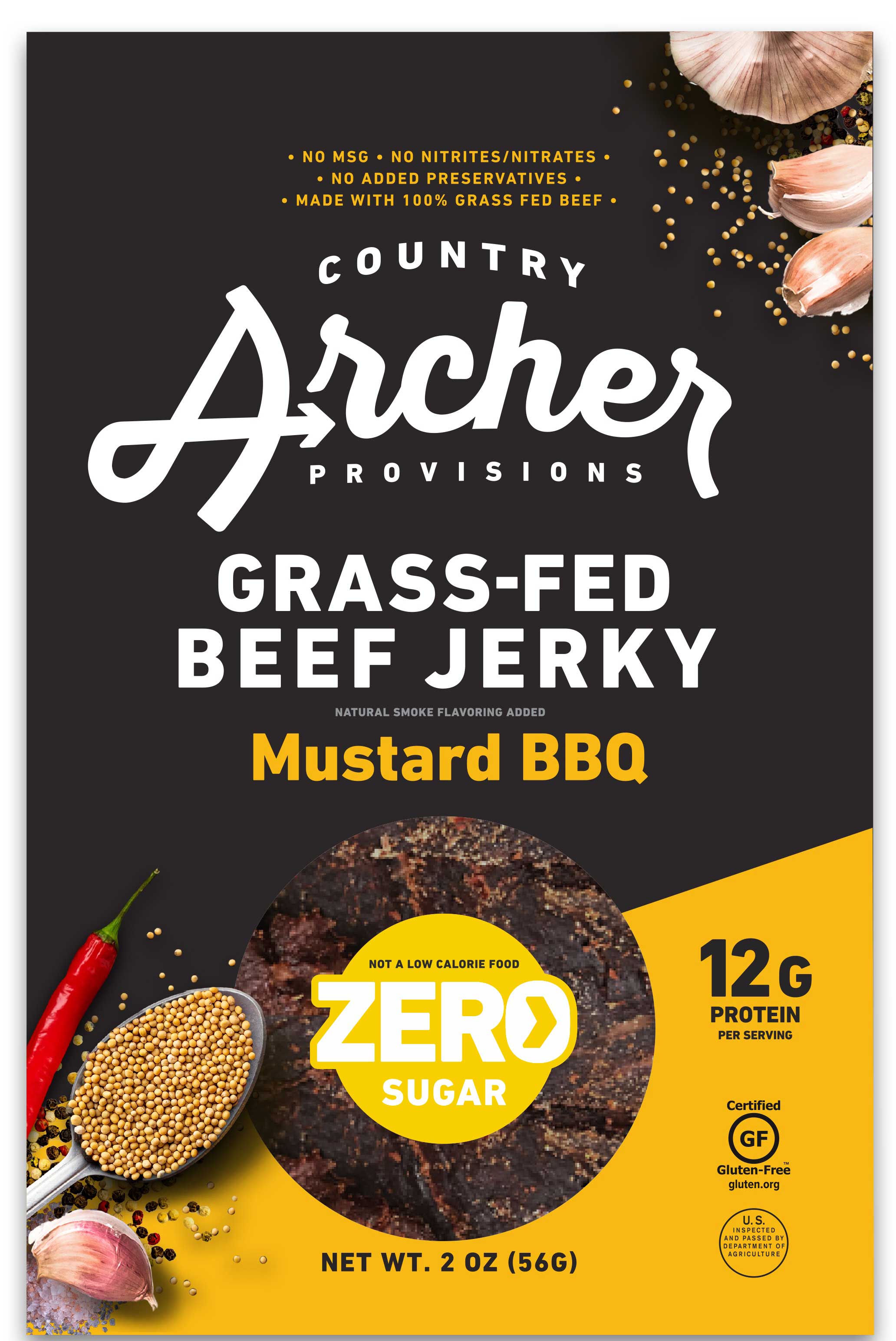 Archer Meat Snacks Zero Sugar Mustard BBQ Beef Jerky, 2 Ounce -- 12 per case