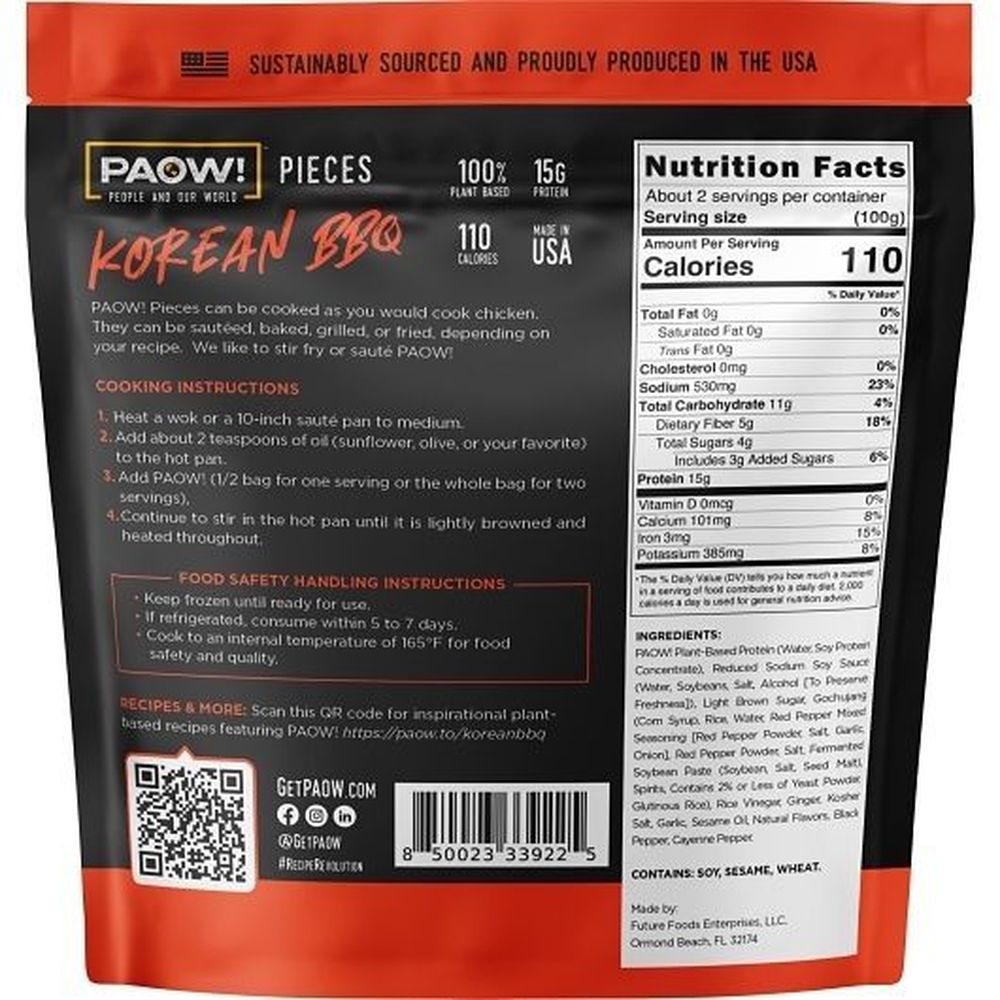 Future Foods Paow Korean Barbecue Plant-Based Protein Pieces, 8 Ounce -- 6 per case