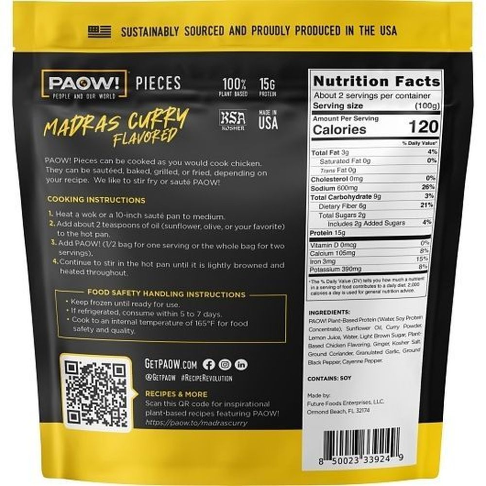 Future Foods Paow Madras Curry Flavored Plant-Based Protein Pieces, 8 Ounce -- 6 per case
