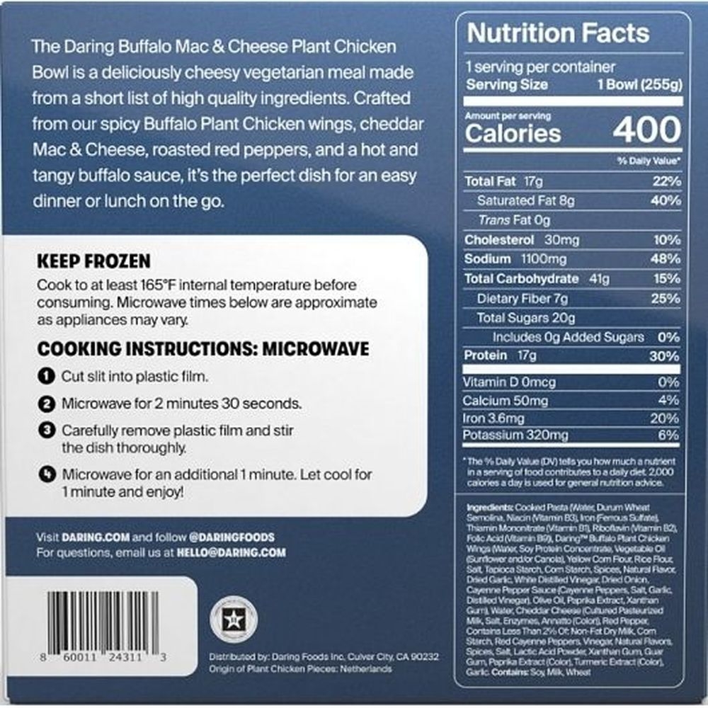 Daring Foods Buffalo Mac and Cheese Plant Chicken Bowl, 9 Ounce - 6 per case