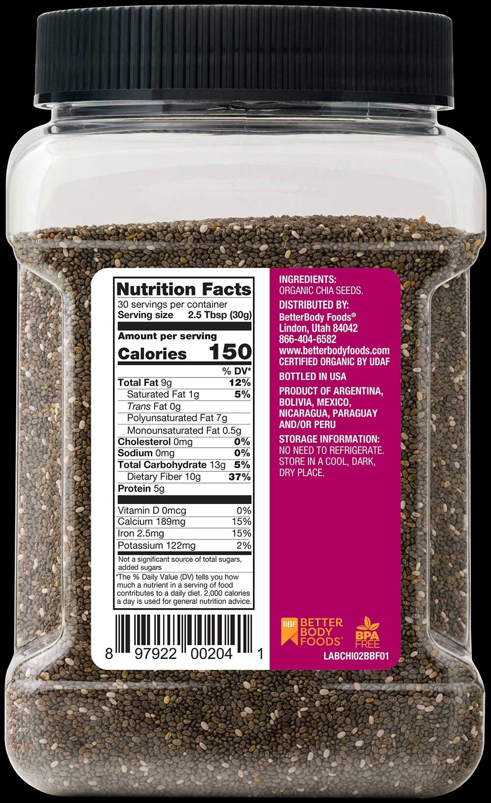 Betterbody Foods Organic Chia Seed, 2 Pound -- 6 per case
