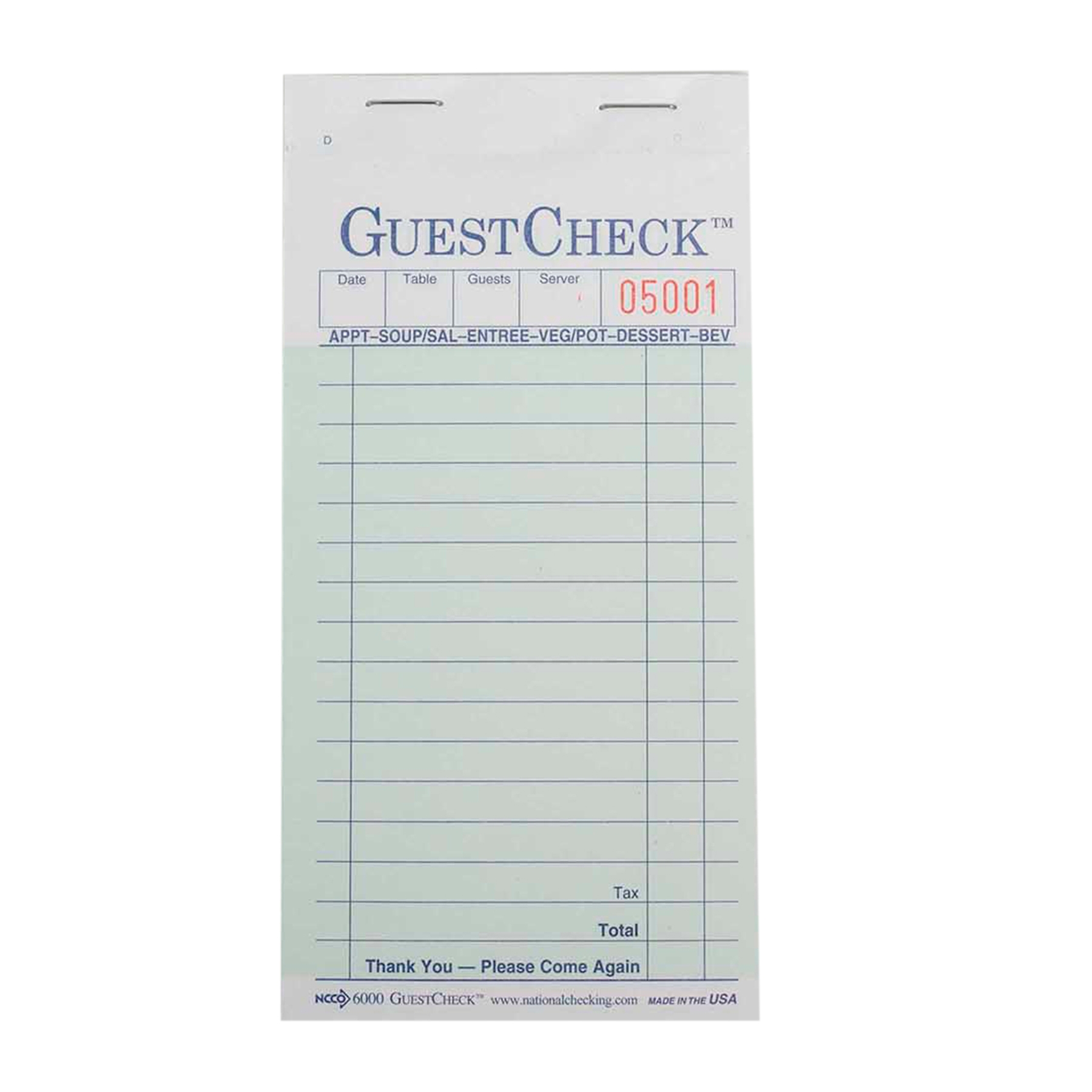 Guestcheck -Carbon, 2Part, Green, 17 Line, 3.5 X 6.75 Inch, 50 Sets Per Book -- 2500 Per Case.