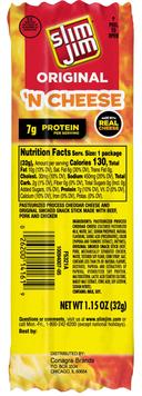 Slim Jim Original N Cheese Snack Sticks, 1.15 Ounce - 14 count per pack -- 6 packs per case