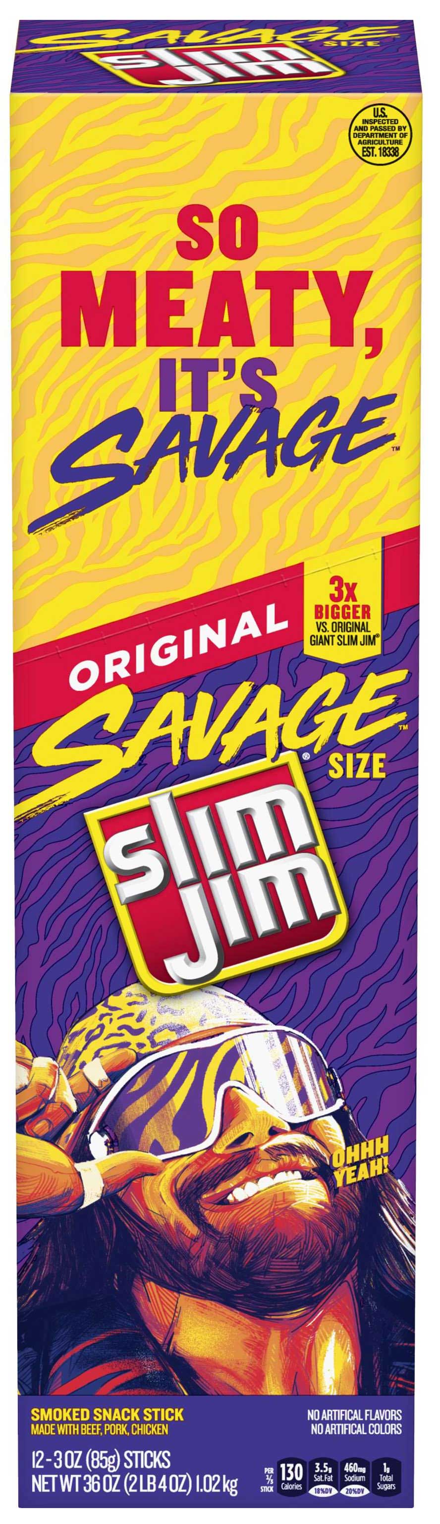 Slim Jim Savage Original Flavor Smoked Meat Snack Sticks, 3 Ounce, 12 Count -- 6 Per Case