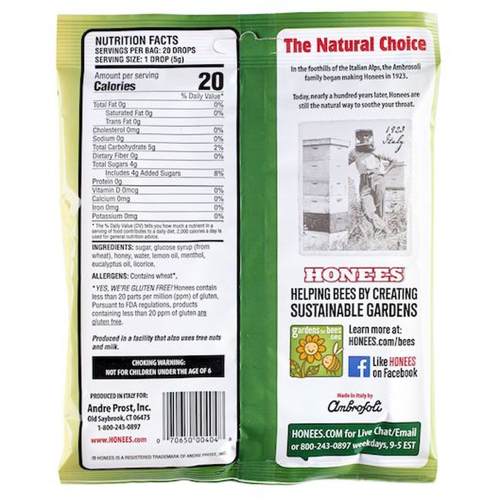 Honees Honey Lemon Menthol Eucalyptus Cough Drop - Shipper, 20 count -- 36 per case