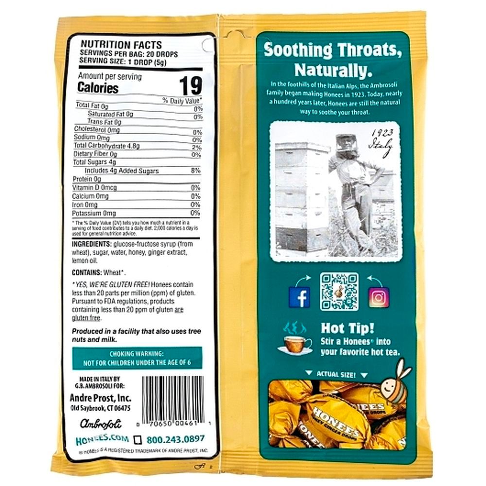Honees Honey Ginger Drops, 20 Count -- 12 Per Case