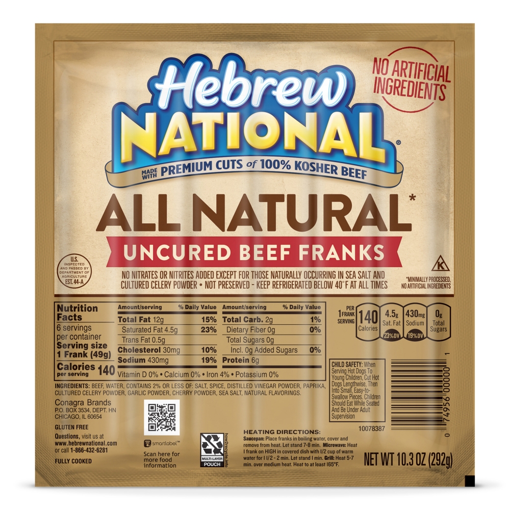 Hebrew National All Natural Uncured Beef Frank, 10.3 Ounce -- 12 Per Case