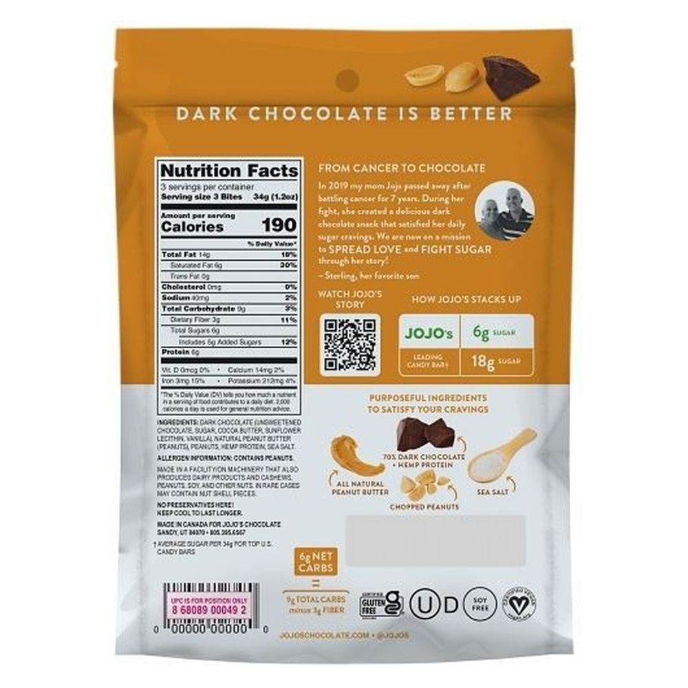 Jojo's Dark Chocolate Plant Based Protein Peanut Butter Filled Bites, 3.6 Ounce -- 6 per case