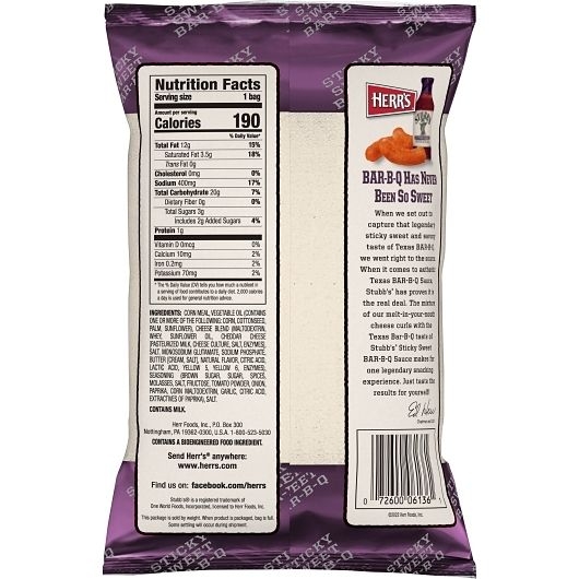 Herrs Stubbs Sticky Sweet BBQ Cheese Curls, 1.25 Ounce -- 60 per case