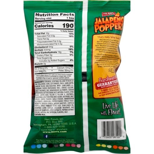 Herr's Jalapeno Poppers Cheese Curls, 1.23 Ounce -- 60 Per Case