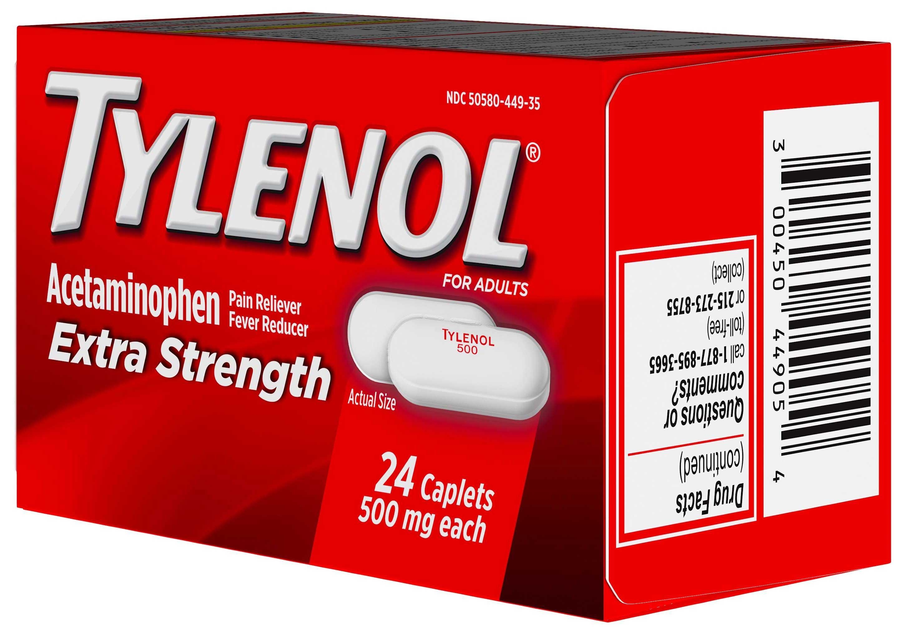 Tylenol Extra Strength Pain Reliever Fever Reducer 500mg Caplets, 24 per unit -- 72 per case