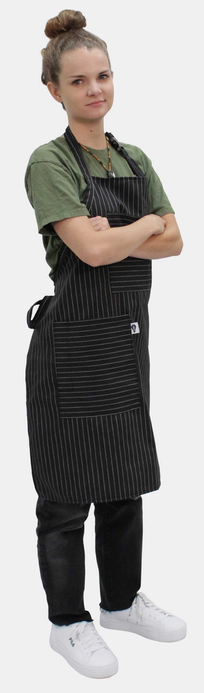 Intedge Black/White Cotton/Polyester Artisan Pinstripe 2-Pocket Bib Apron with Utility Strap