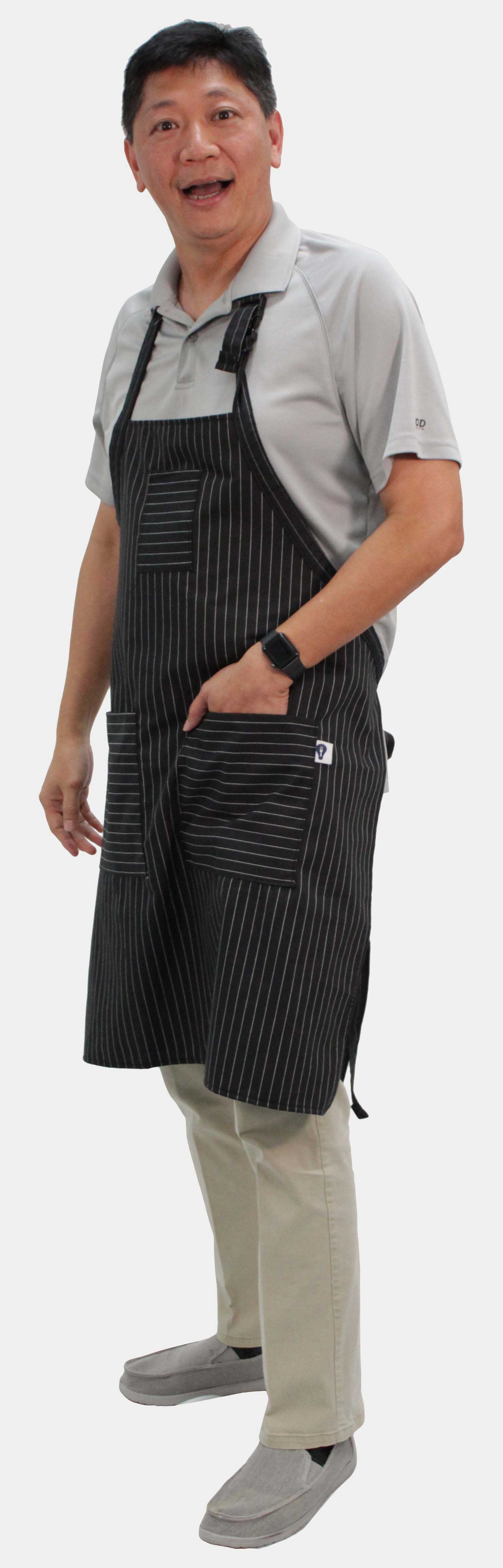 Intedge Black/White Cotton/Polyester Artisan Pinstripe 3-Pocket Bib Apron