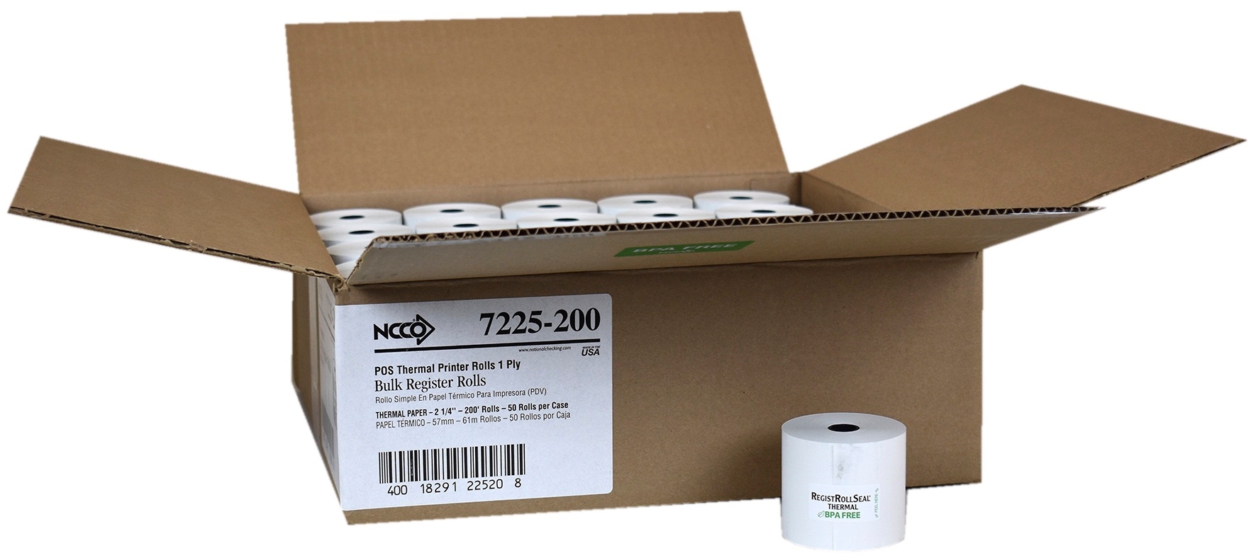 National Checking Company White 1 Ply Register Roll, 2.25 inch -- 50 rolls per case