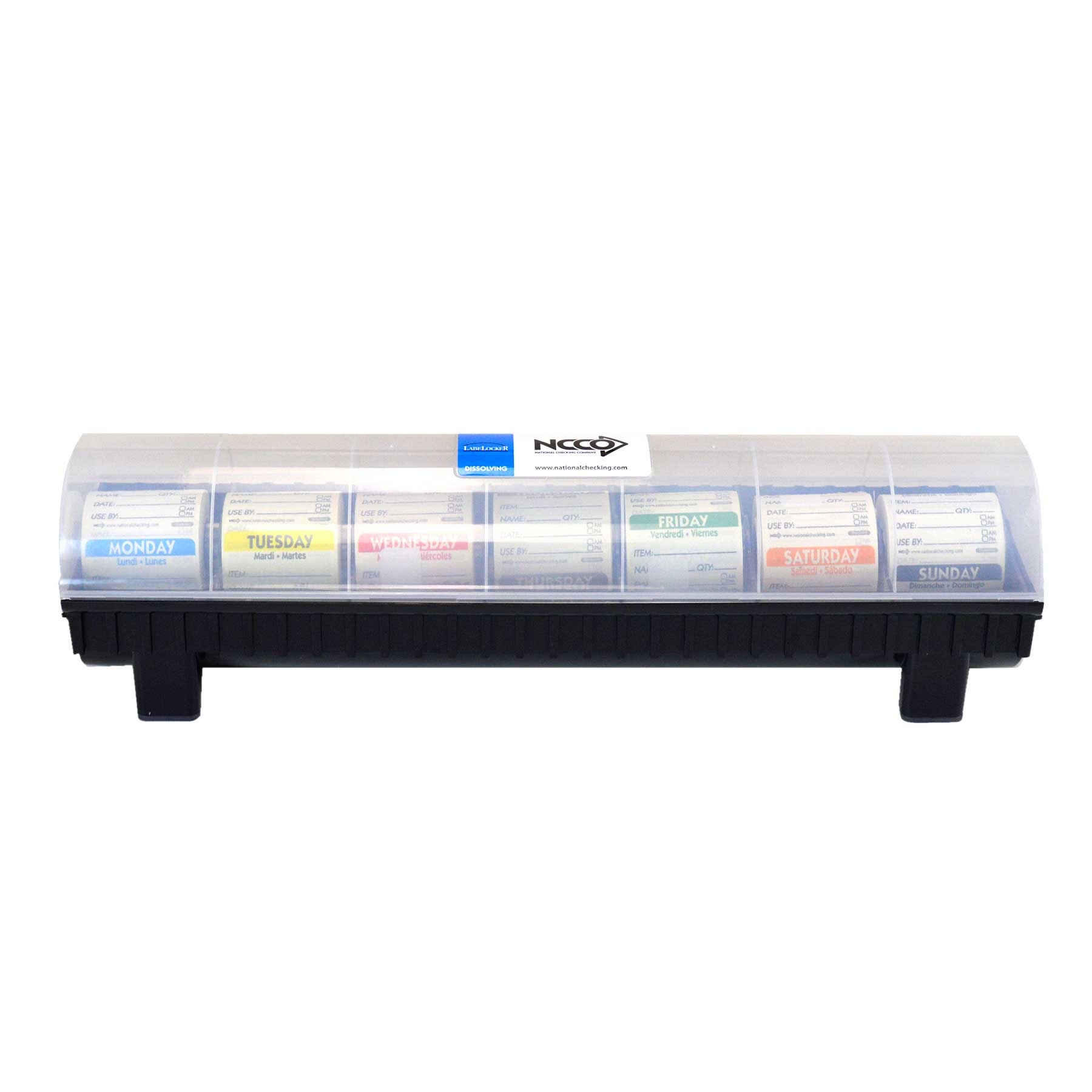National Checking Labelocker Durable Plastic Dispenser with 7 Rolls of the 2 x 2 Day of the Week Dissolvable Labels.