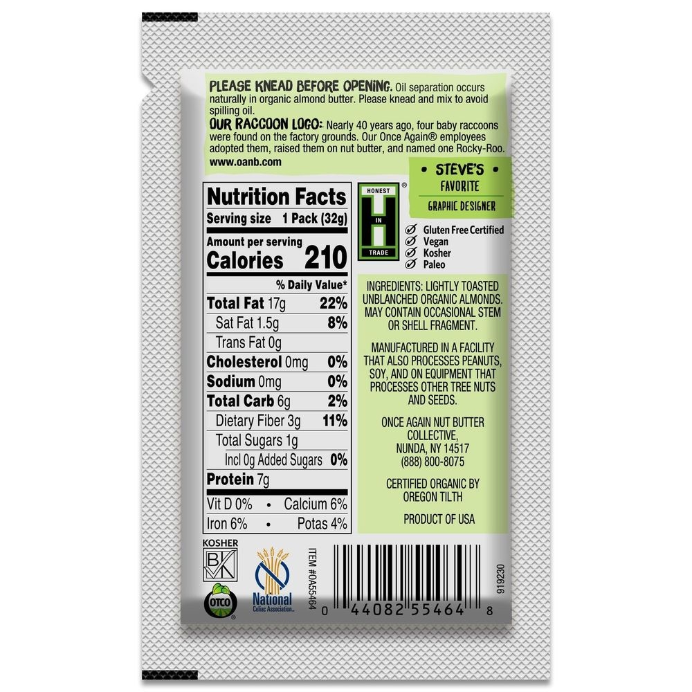 Once Again Nut Butter Organic Lightly Toasted Almond Butter - Squeeze Pack, 1.15 Ounce -- 60 per case