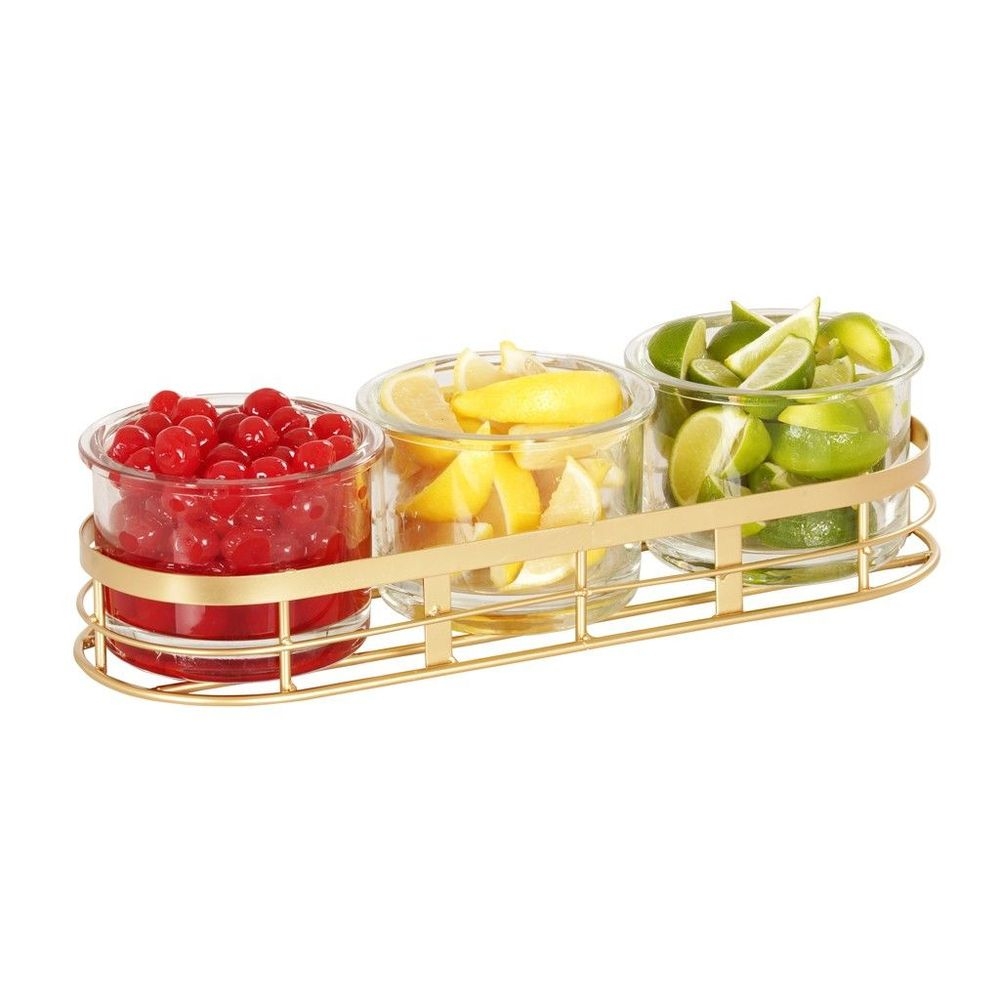 Cal-Mil Monaco Gold Metal Oval Condiment Organizer with Three 16 Ounce Glass Jar, 13.375 inch Length x 4.875 inch Width x 4.75 inch Height