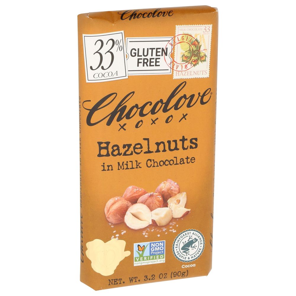 Chocolove Xoxo Hazelnuts in Milk Chocolate Bar, 3.2 Ounce -- 12 per case
