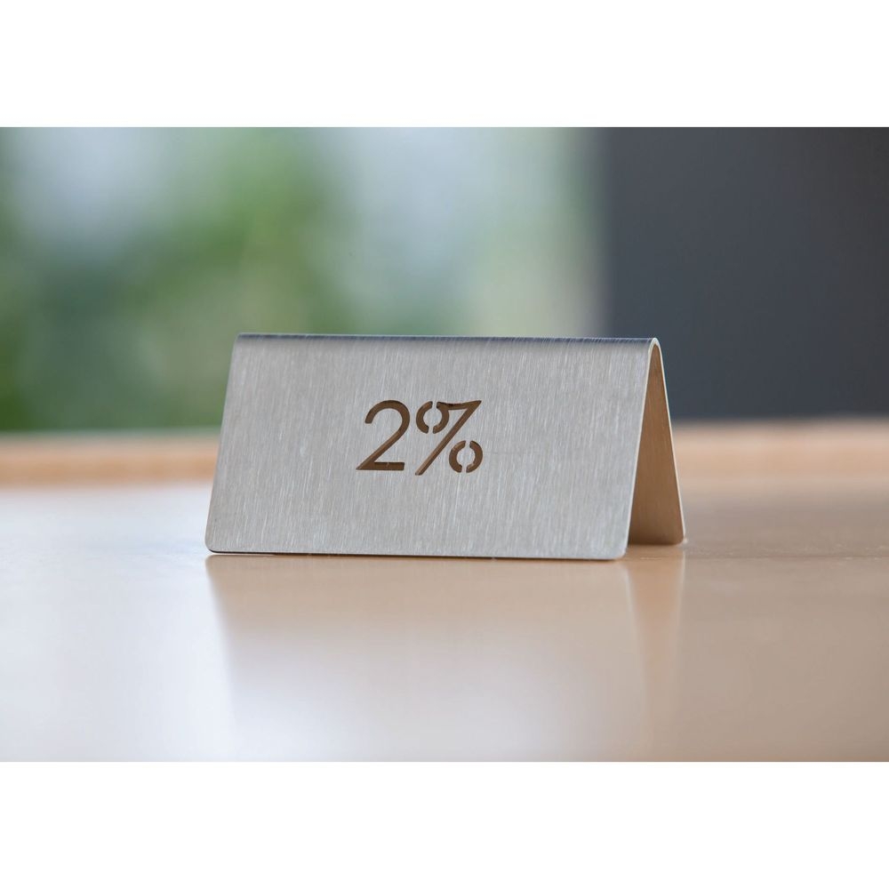 Service Ideas 18/8 Stainless Steel Brushed Finish 2 Percent Laser Cut ID Table Tent, 1.75 inch Width x 1.5 inch Height