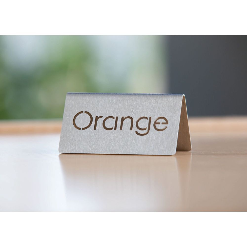 Service Ideas 18/8 Stainless Steel Brushed Finish Orange Laser Cut Id Table Tent, 1.75 Inch Width X 1.5 Inch Height