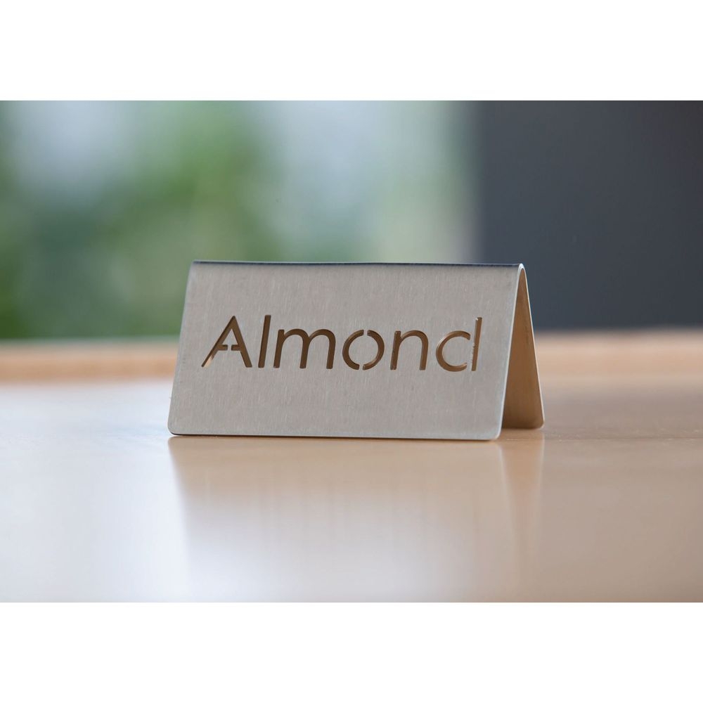 Service Ideas 18/8 Stainless Steel Brushed Finish Almond Laser Cut ID Table Tent, 1.75 inch Width x 1.5 inch Height