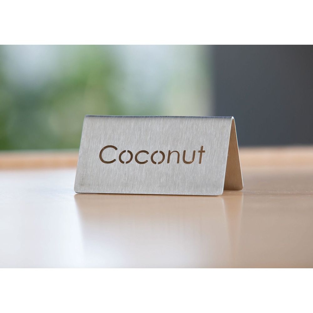 Service Ideas 18/8 Stainless Steel Brushed Finish Coconut Laser Cut ID Table Tent, 1.75 inch Width x 1.5 inch Height