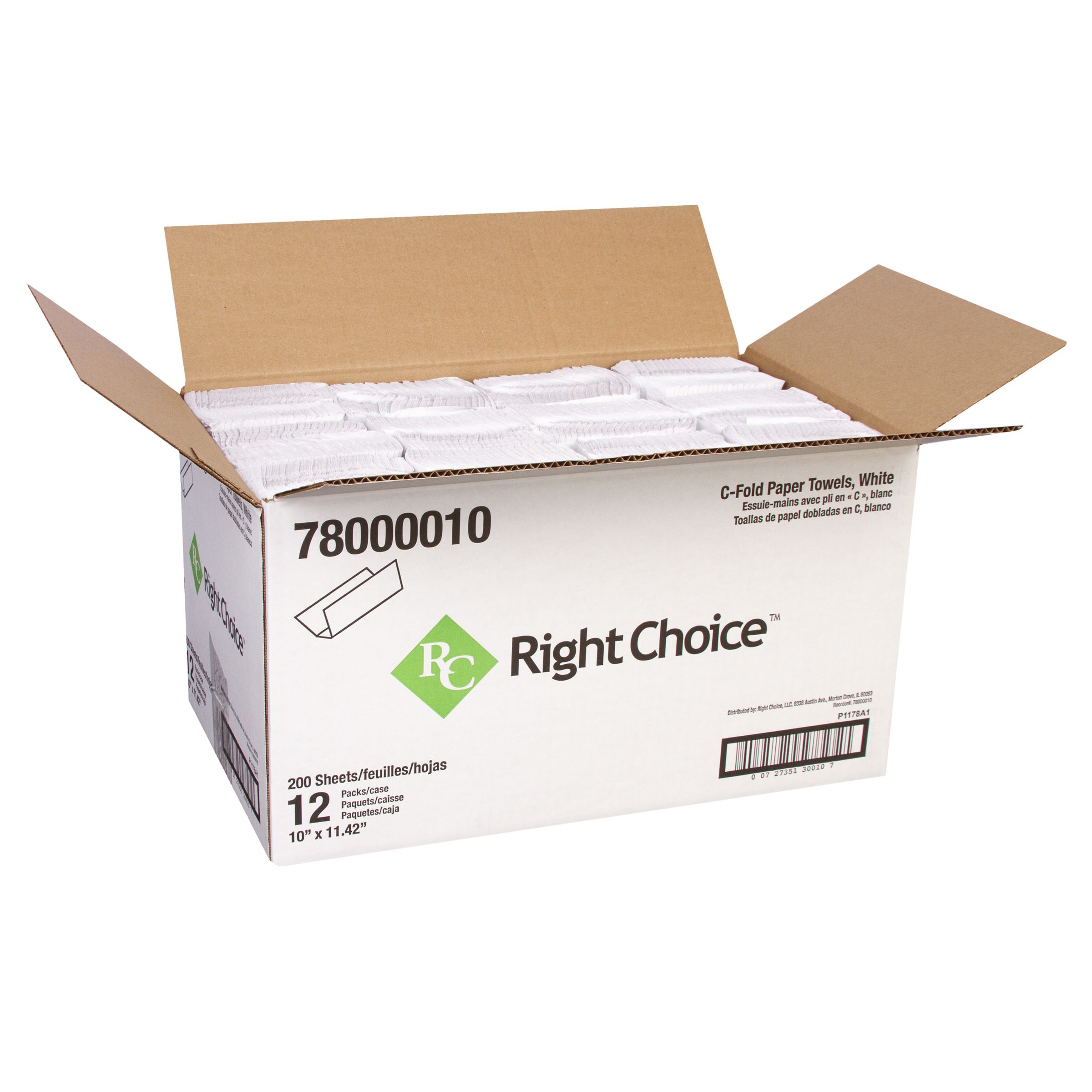 Cascades Right Choice White 1 Ply Center Fold Paper Towel, 10 x 11.42 inch - 200 sheets per roll -- 12 per case