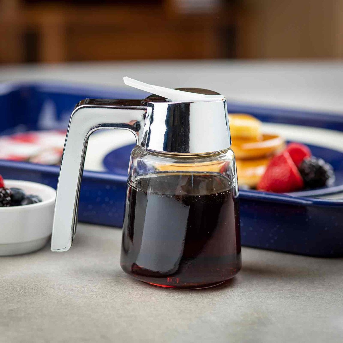 Tablecraft Chrome Plated Plastic Top Glass Syrup Dispenser, 8 Ounce Capacity -- 12 per case