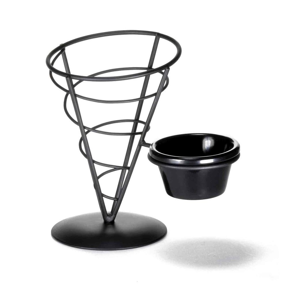 Tablecraft Vertigo Collection Black Powder Coated Steel Appetizer Server Cone with 3 Ounce Ramekin, 8.25 x 5 x 7 inch