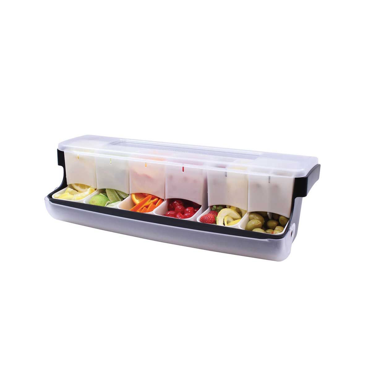 Tablecraft Abs First In First Out Garnish Station Bar Condiment Holder With Six 1.25 Pint White Inserts, 20.125 X 6.5 X 6.375 Inch