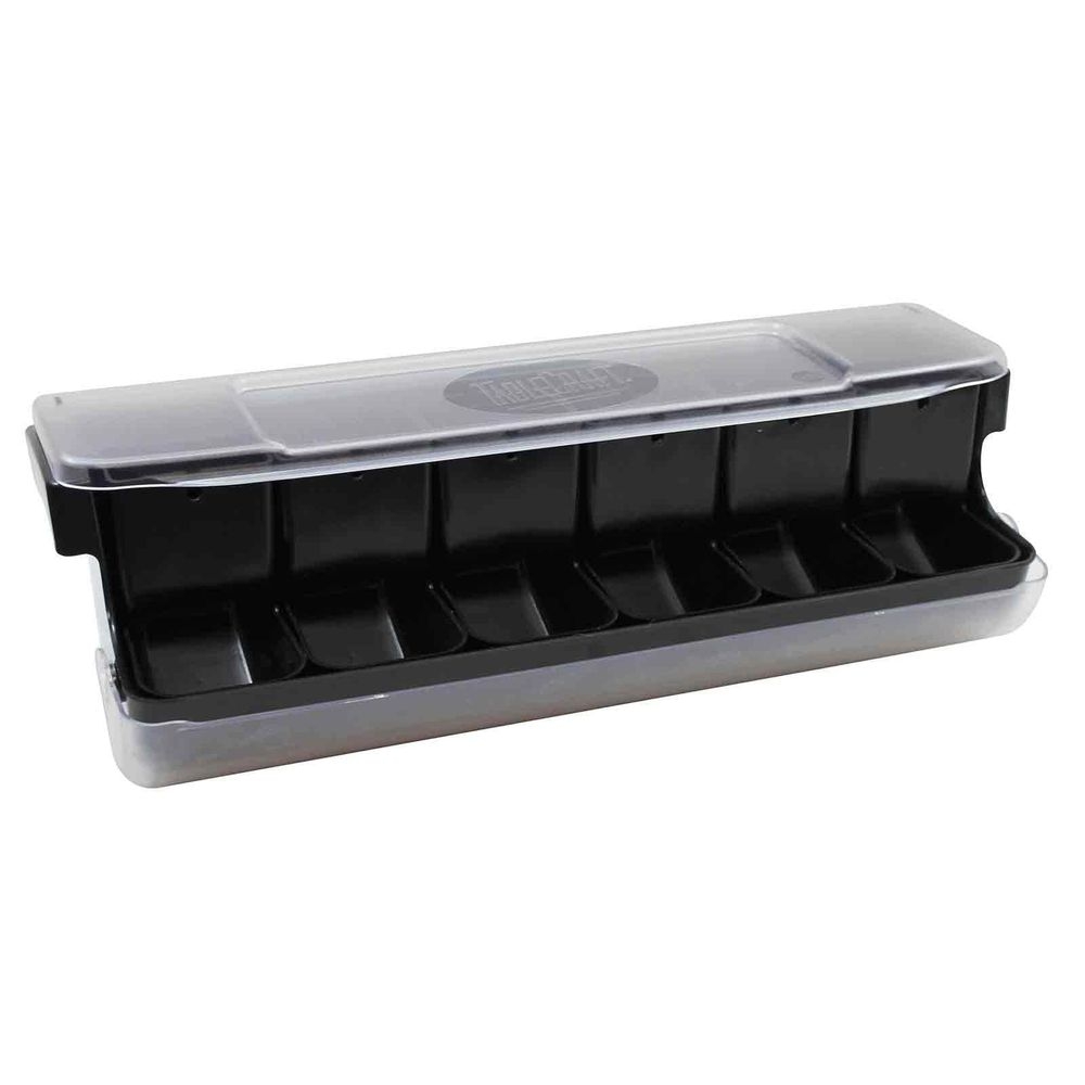 Tablecraft ABS First In First Out Garnish Station Bar Condiment Holder with Six 1.25 Pint Black Inserts, 20.125 x 6.625 x 6.375 inch
