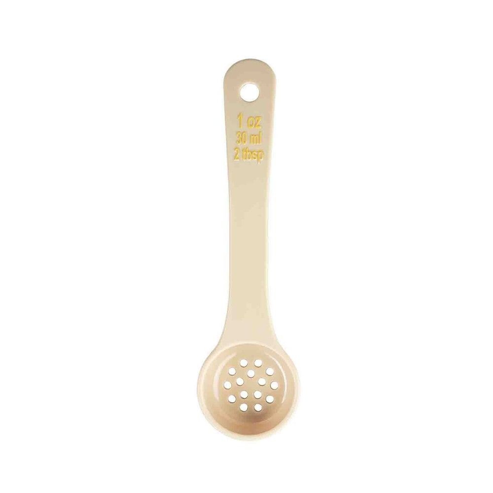 Tablecraft Polycarbonate Beige Perforated Short Handle Spoonout with Yellow Capacity Marking, 1 Ounce Capacity -- 12 per case